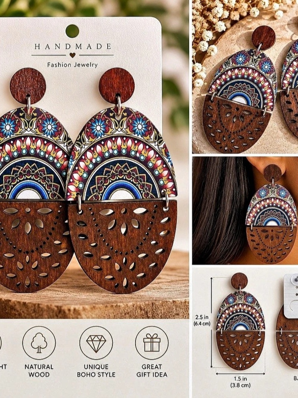 Wooden Geometric Statement Earrings in Brown & Blue NWT